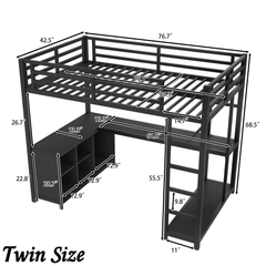 Bellemave® Twin Size Metal Loft Bed with Wardrobe & L-Shaped Desk - Space Saving Loft Bed for Kids, Teens, Adults with Storage Cubes, Shelves & Closet, Black