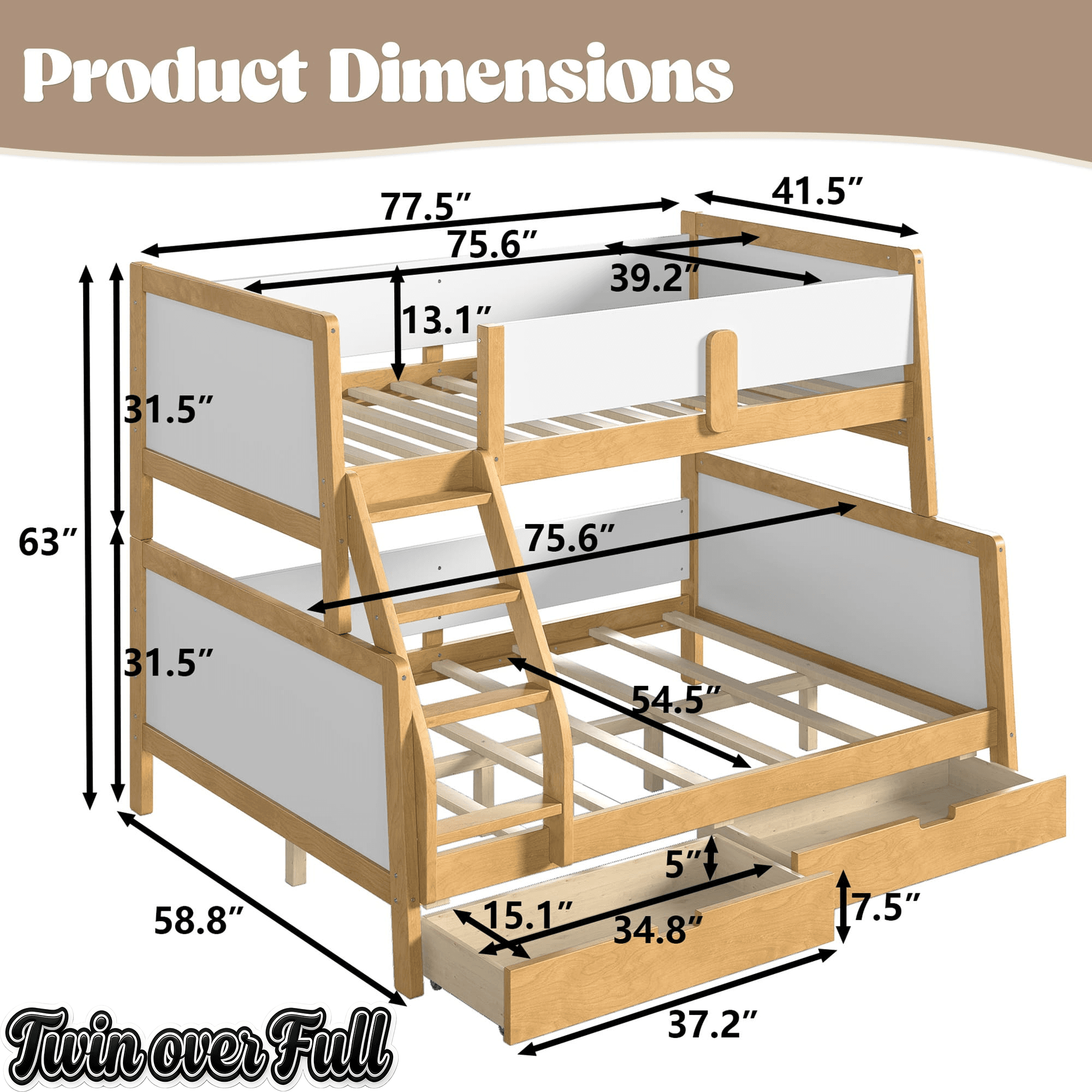 Bellemave® Bunk Bed with Storage Drawers & Support Slats, Solid Wood Bunk Bed with Full-Length Guardrails, Convertible Two Single Beds,White+Natural Bellemave®