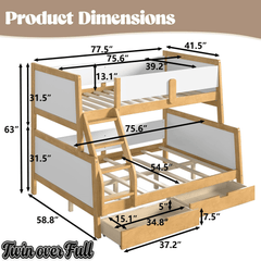 Bellemave® Bunk Bed with Storage Drawers & Support Slats, Solid Wood Bunk Bed with Full-Length Guardrails, Convertible Two Single Beds,White+Natural Bellemave®