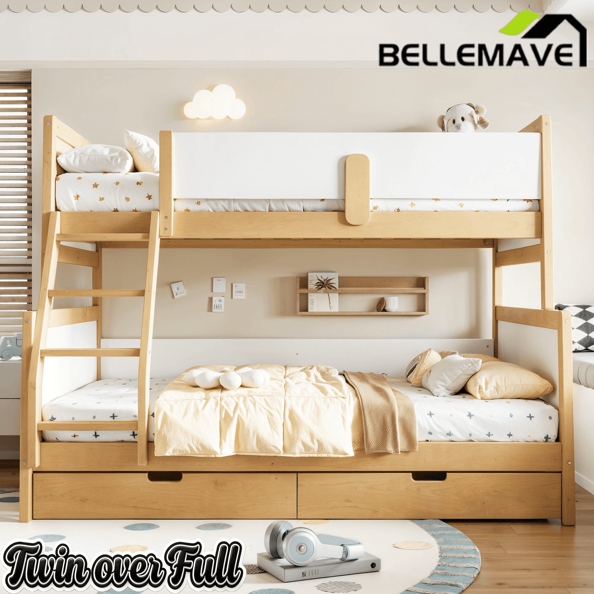 Bellemave® Bunk Bed with Storage Drawers & Support Slats, Solid Wood Bunk Bed with Full-Length Guardrails, Convertible Two Single Beds,White+Natural Bellemave®