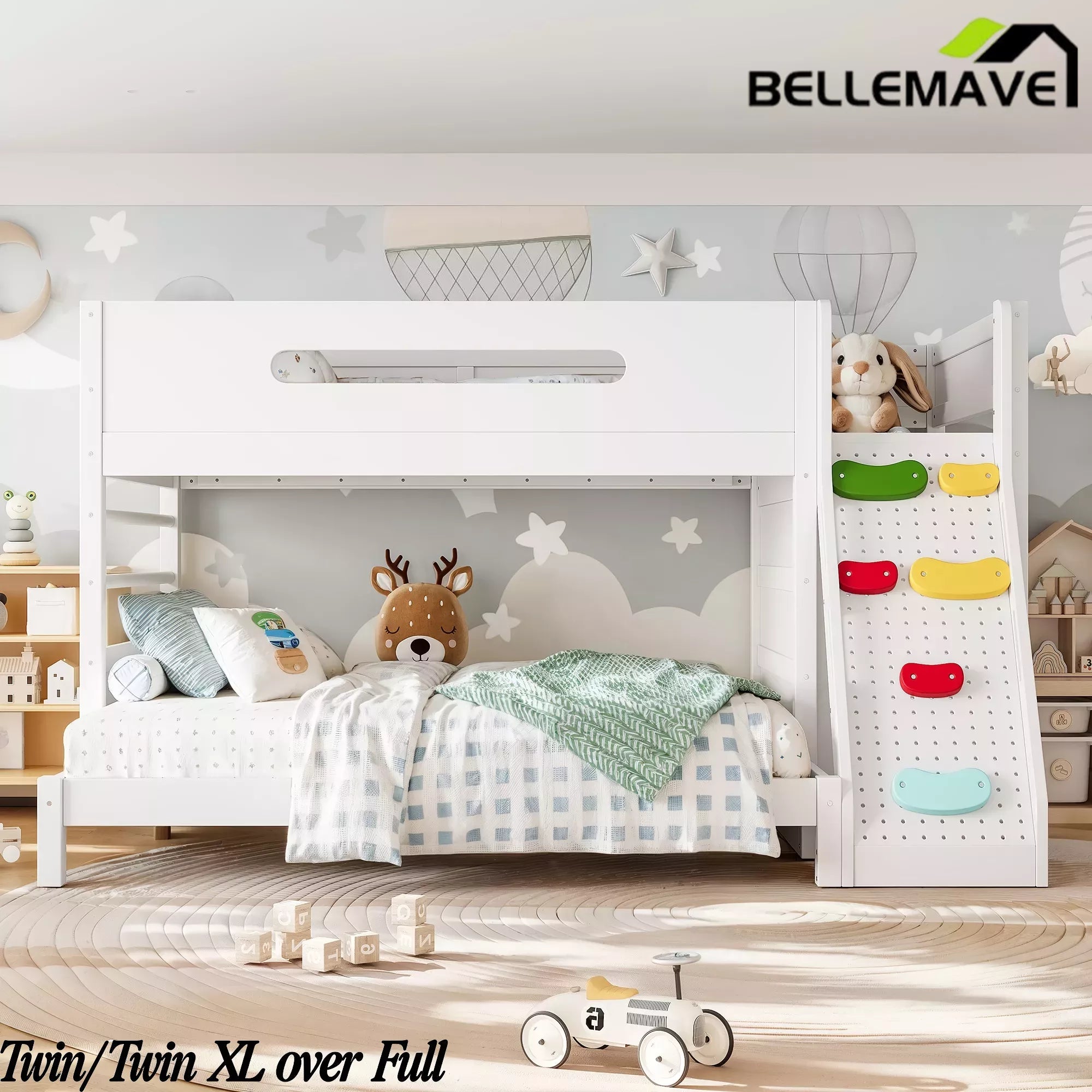 Bellemave® Solid Wood Bunk Bed with Built-in Wardrobe, Storage & Kids Climbing Wall, Full Safety Guardrails, Reinforced Wood Slats, Multiple Sizes Available Bellemave®