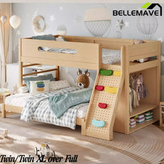 Bellemave® Solid Wood Bunk Bed with Built-in Wardrobe, Storage & Kids Climbing Wall, Full Safety Guardrails, Reinforced Wood Slats, Multiple Sizes Available Bellemave®