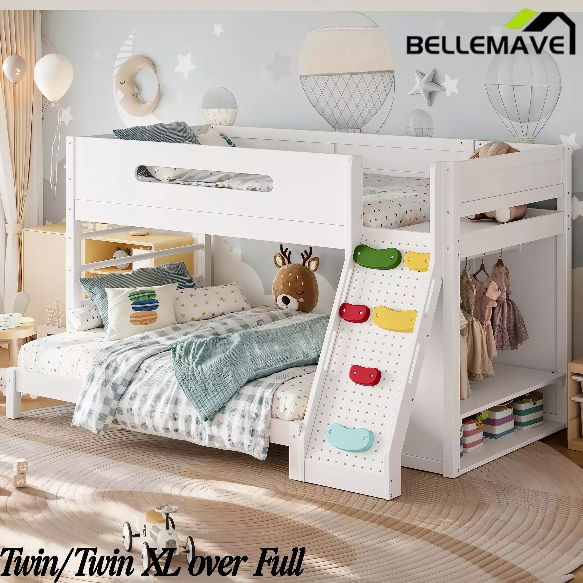 Bellemave® Solid Wood Bunk Bed with Built-in Wardrobe, Storage & Kids Climbing Wall, Full Safety Guardrails, Reinforced Wood Slats, Multiple Sizes Available Bellemave®