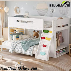 Bellemave® Solid Wood Bunk Bed with Built-in Wardrobe, Storage & Kids Climbing Wall, Full Safety Guardrails, Reinforced Wood Slats, Multiple Sizes Available Bellemave®