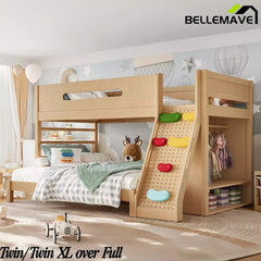 Bellemave® Solid Wood Bunk Bed with Built-in Wardrobe, Storage & Kids Climbing Wall, Full Safety Guardrails, Reinforced Wood Slats, Multiple Sizes Available Bellemave®