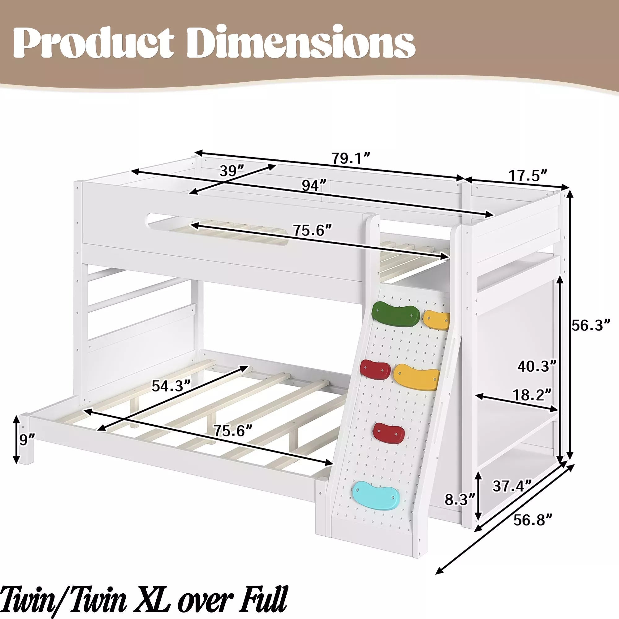 Bellemave® Solid Wood Bunk Bed with Built-in Wardrobe, Storage & Kids Climbing Wall, Full Safety Guardrails, Reinforced Wood Slats, Multiple Sizes Available Bellemave®