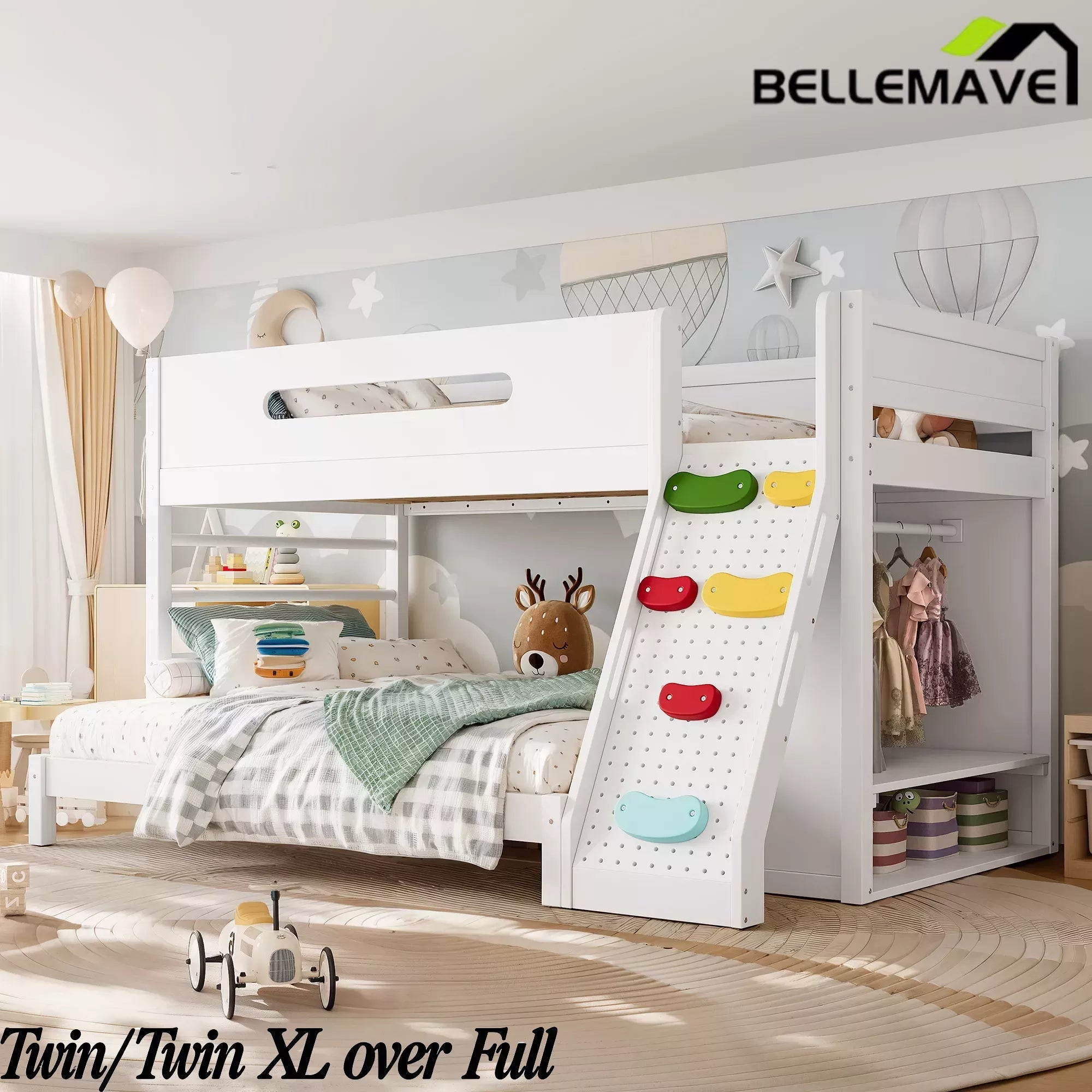 Bellemave® Solid Wood Bunk Bed with Built-in Wardrobe, Storage & Kids Climbing Wall, Full Safety Guardrails, Reinforced Wood Slats, Multiple Sizes Available Bellemave®