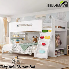 Bellemave® Solid Wood Bunk Bed with Built-in Wardrobe, Storage & Kids Climbing Wall, Full Safety Guardrails, Reinforced Wood Slats, Multiple Sizes Available Bellemave®