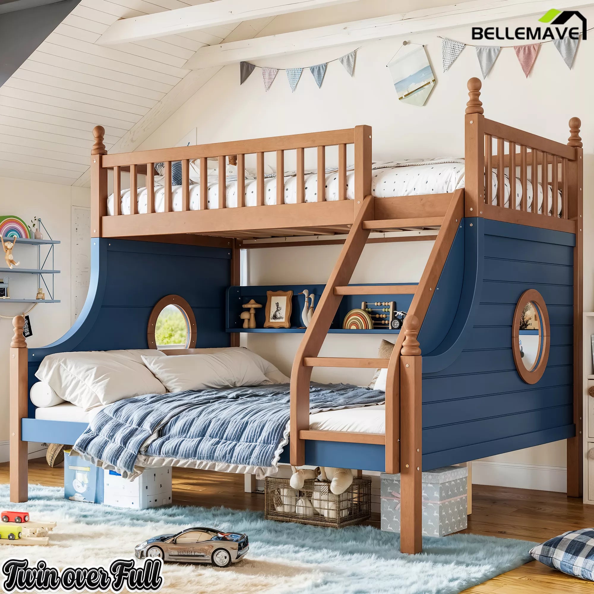 Wooden kids bunk bed with navy panels, round porthole windows, staircase, and built-in shelves