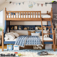 Twin over Full wooden bunk bed with navy panels and round porthole windows in a bedroom