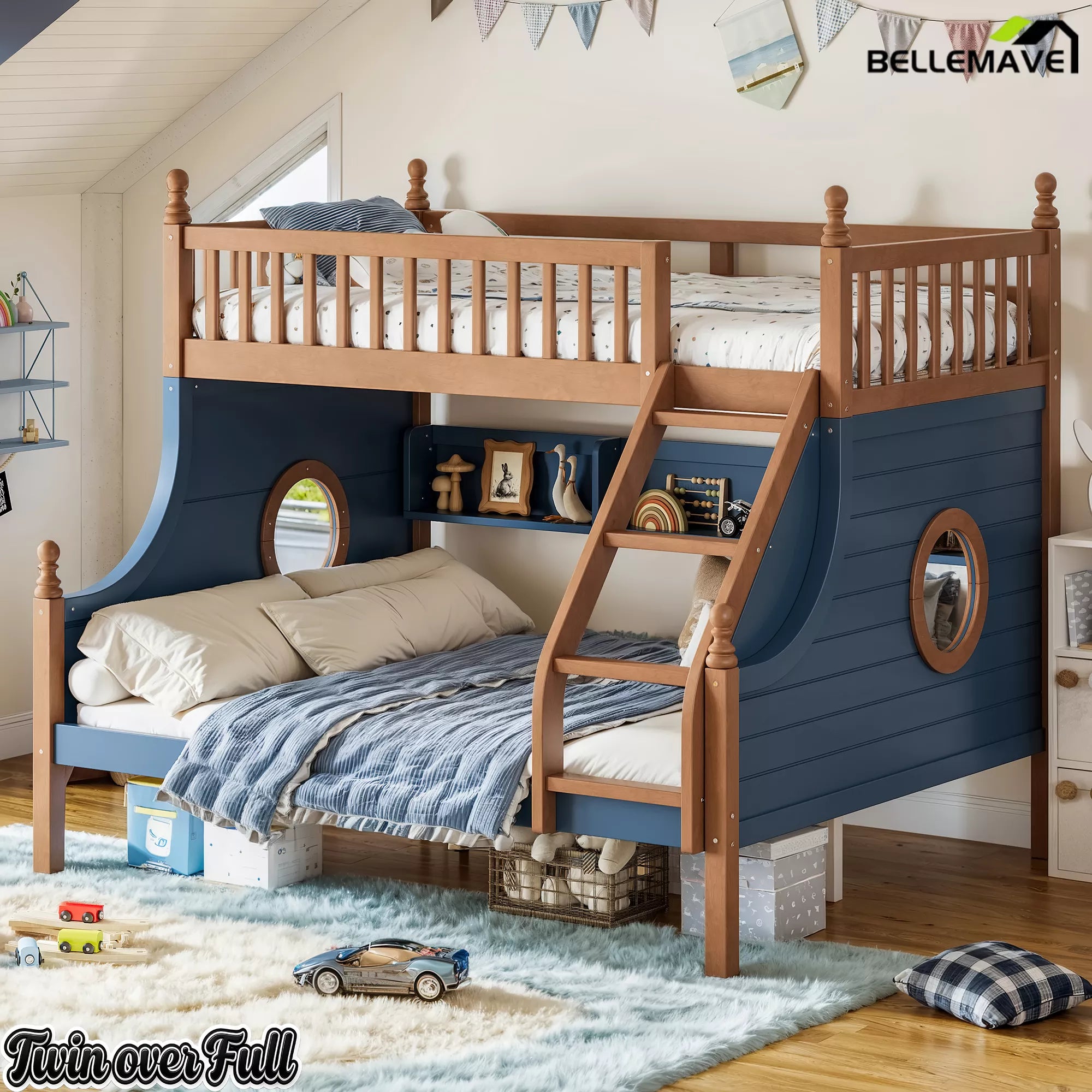 Twin over Full wooden bunk bed with staircase and built-in shelves in a kids bedroom