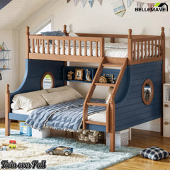 Twin over Full wooden bunk bed with staircase and built-in shelves in a kids bedroom