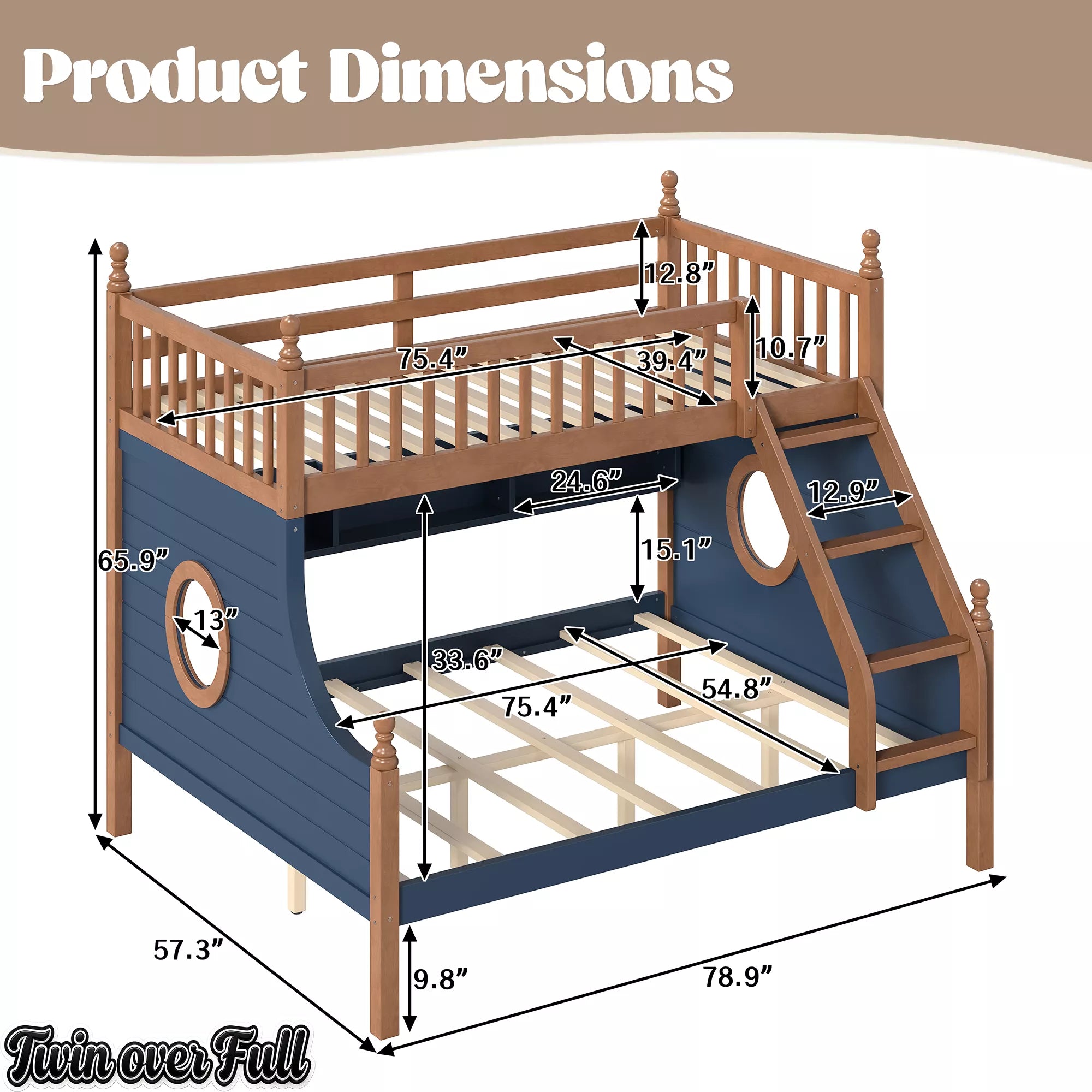 Product dimensions diagram for the Twin over Full wooden bunk bed