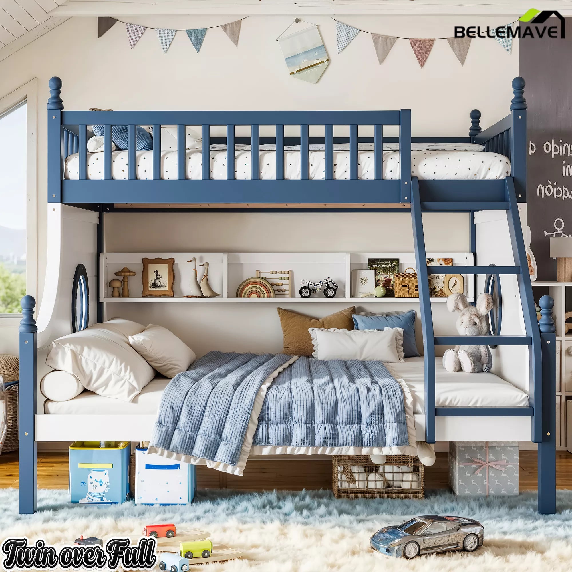 Twin over Full wooden bunk bed with blue panels, staircase, and round porthole windows