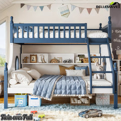 Twin over Full wooden bunk bed with blue panels, staircase, and round porthole windows