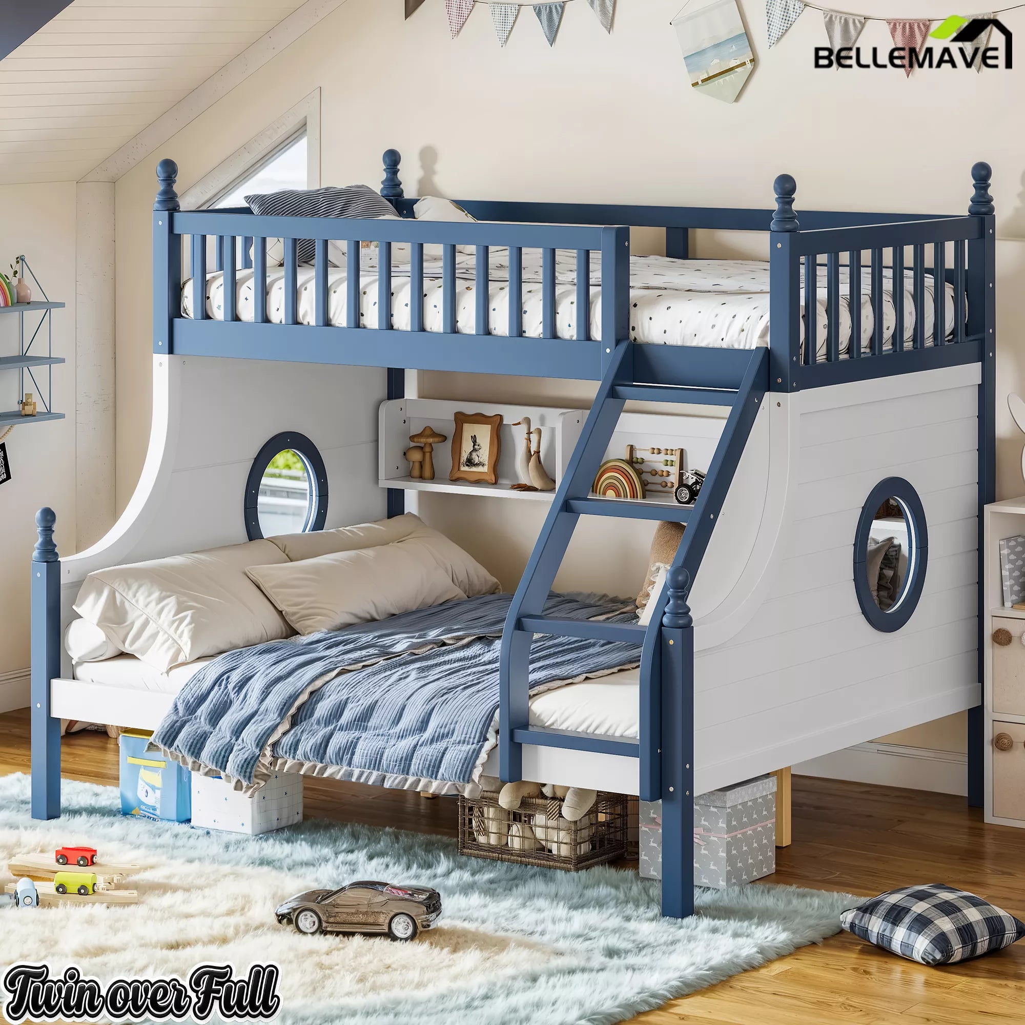 Twin over Full bunk bed with blue side panels and upper guardrails in a bedroom
