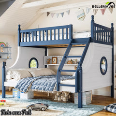 Blue and white Twin over Full wooden bunk bed with staircase and porthole windows