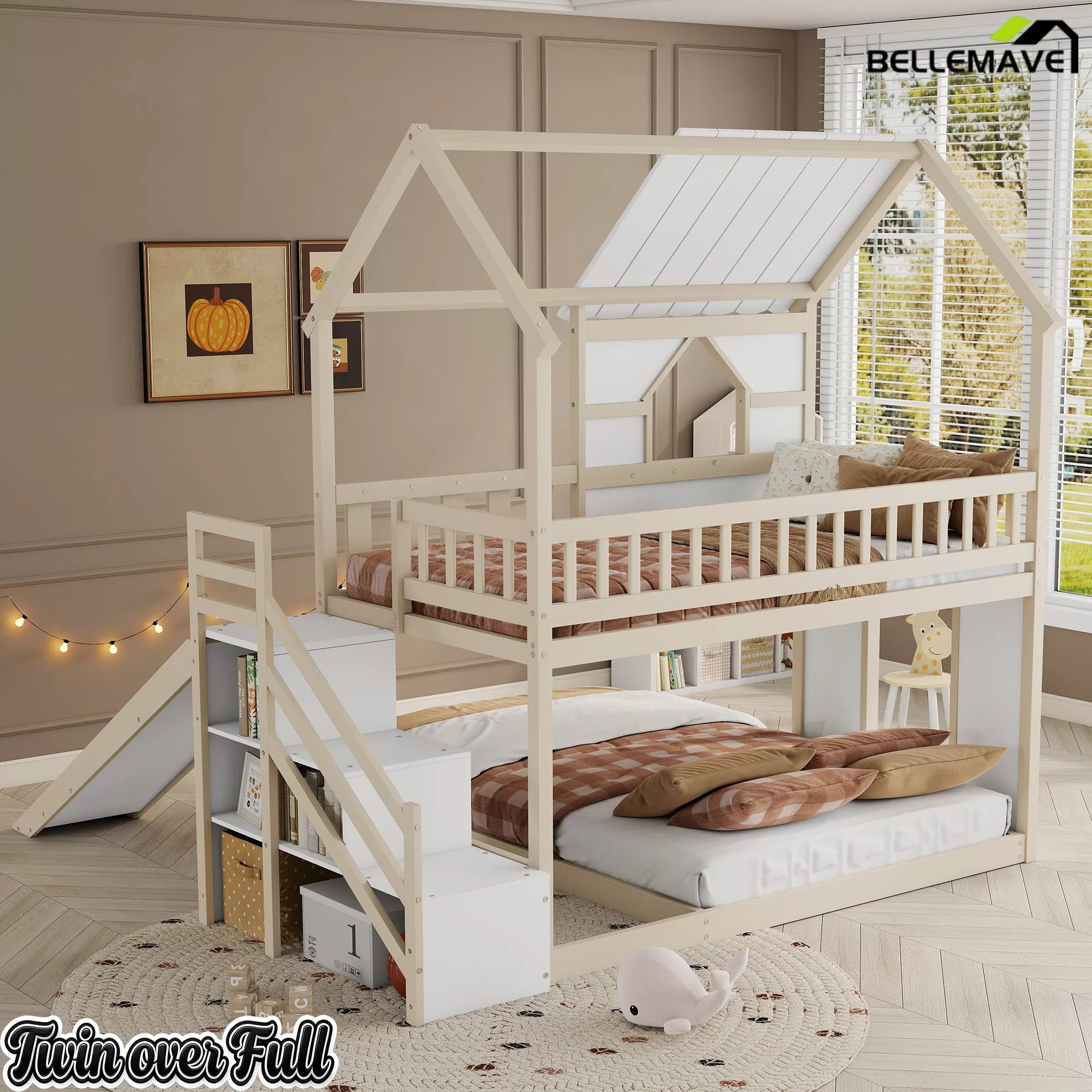 Twin over full playhouse bunk bed beige and white finish