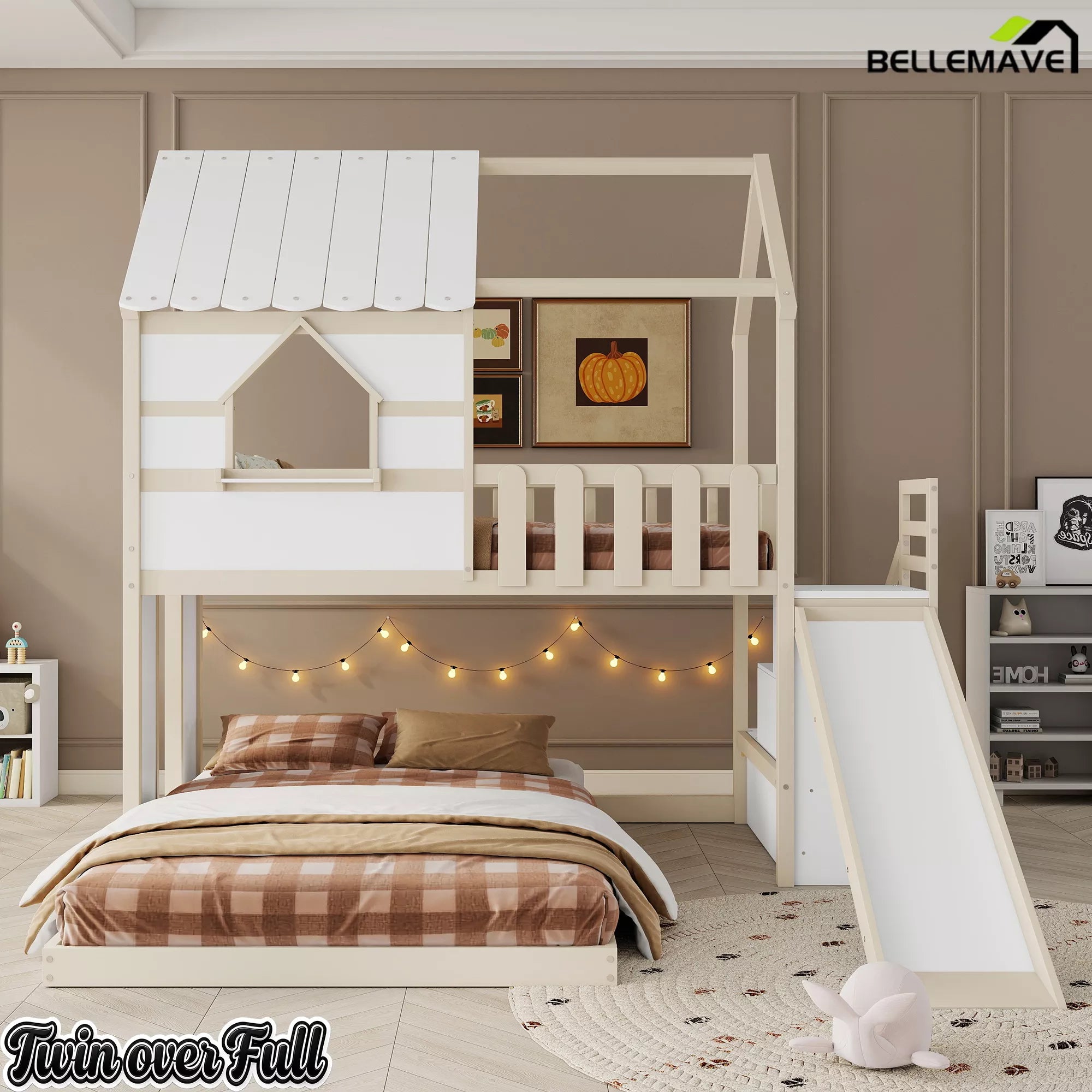 Kids house bunk bed with slide and guardrails