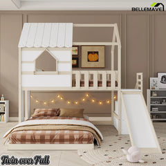 Kids house bunk bed with slide and guardrails