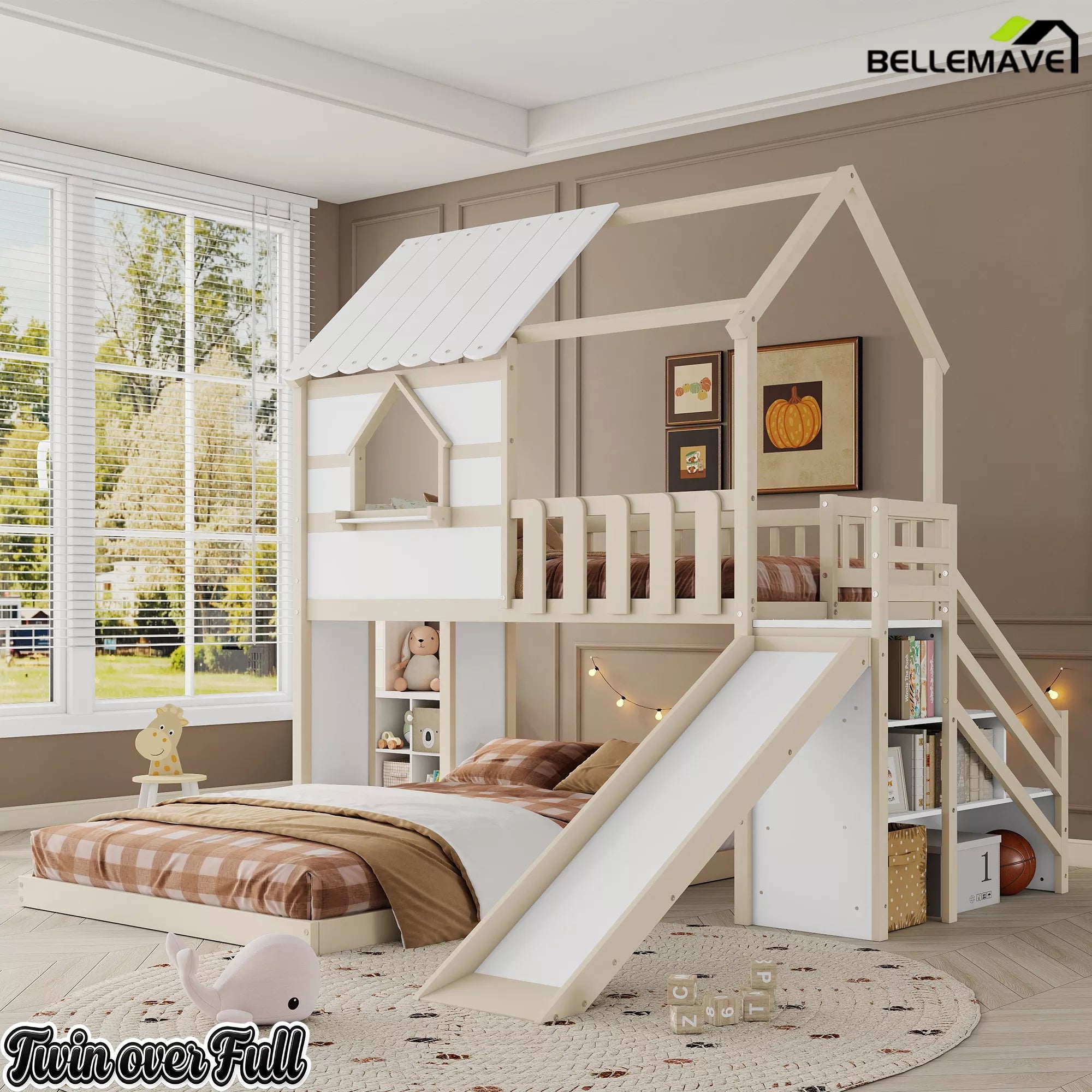Twin over full wooden bunk bed with storage stairs