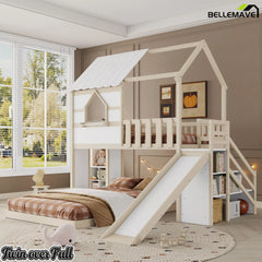 Twin over full wooden bunk bed with storage stairs