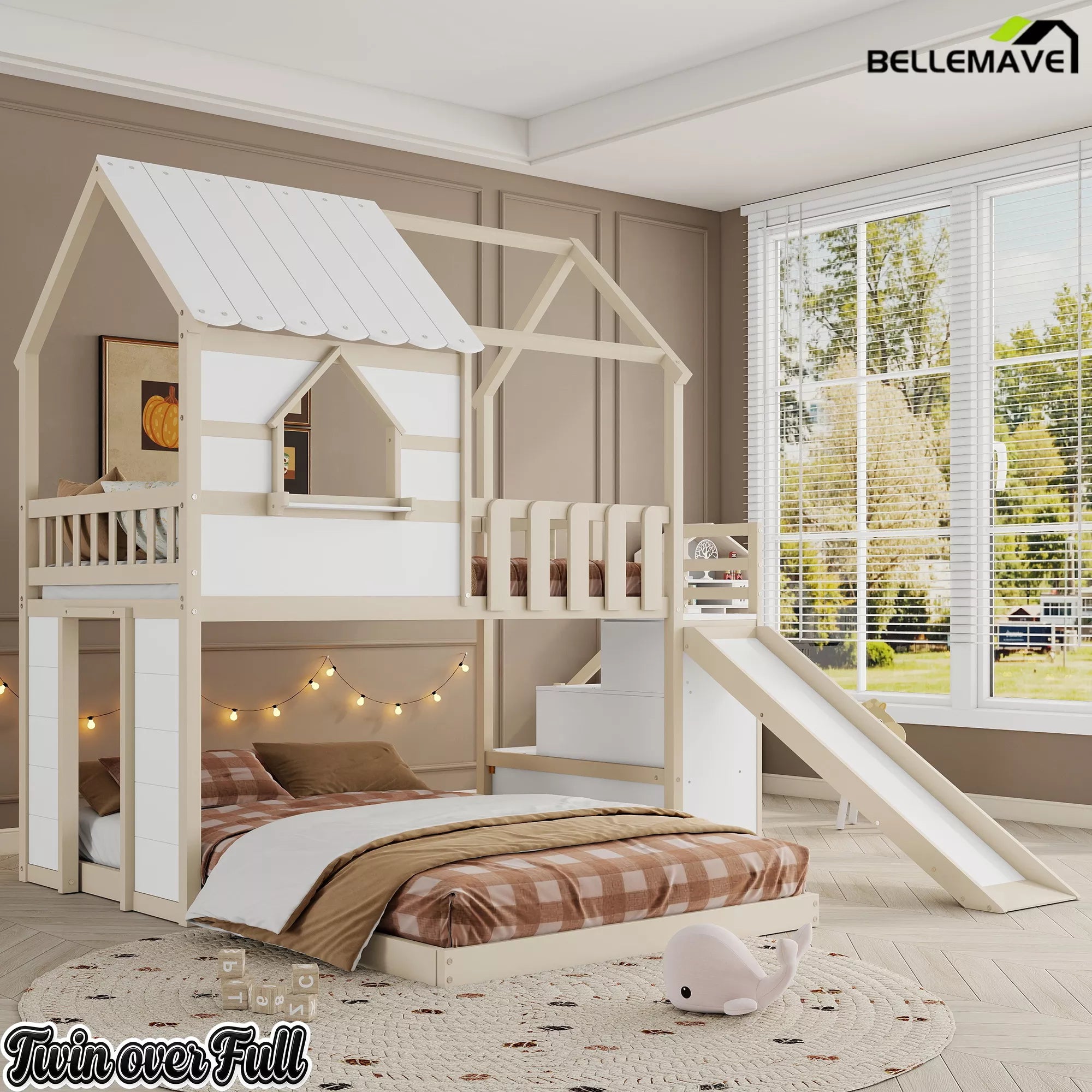 Playhouse bunk bed with roof frame and slide