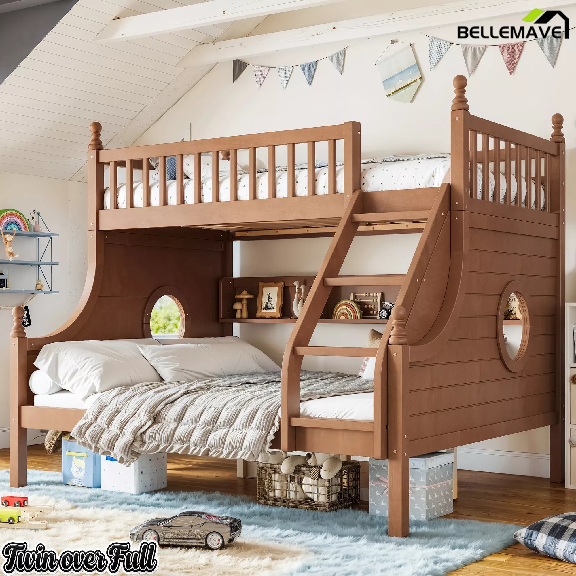 Natural wood Twin over Full bunk bed with staircase and round porthole windows