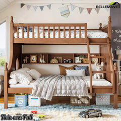 Natural wood Twin over Full bunk bed with upper guardrails and built-in shelves