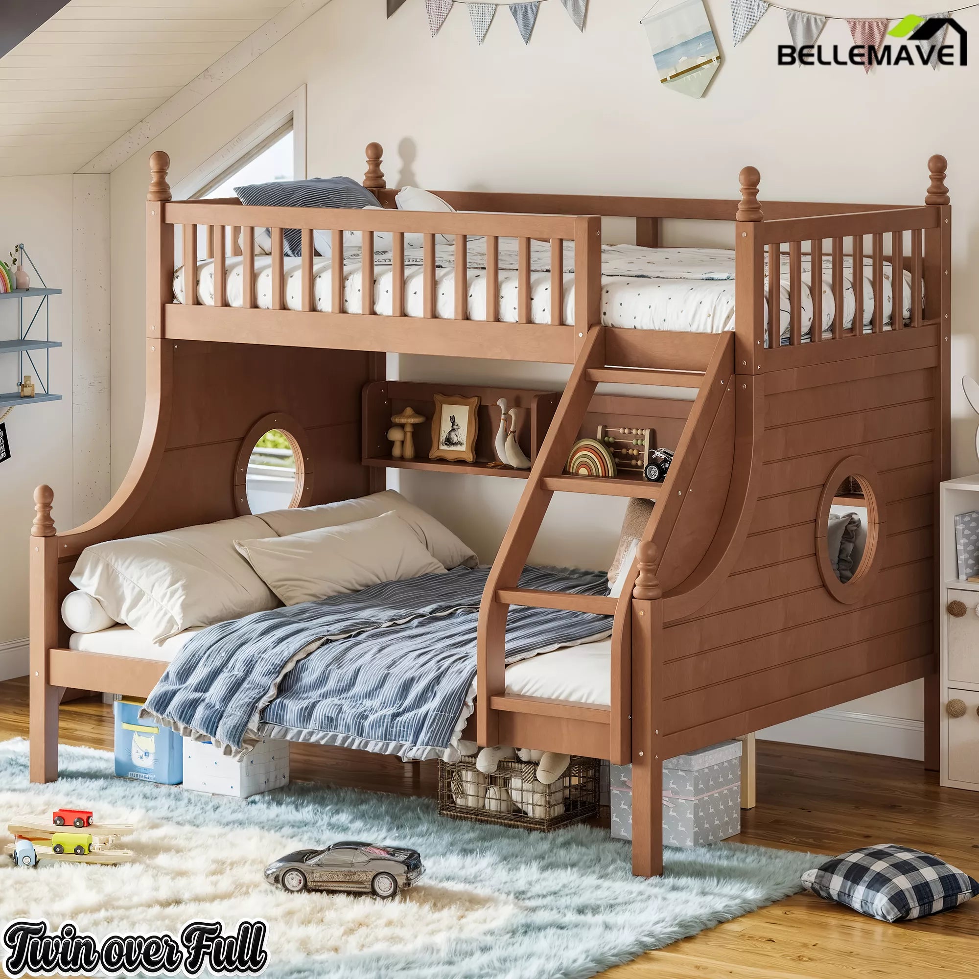 Natural wood Twin over Full bunk bed with staircase in a kids bedroom