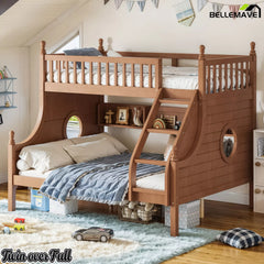 Natural wood Twin over Full bunk bed with staircase in a kids bedroom