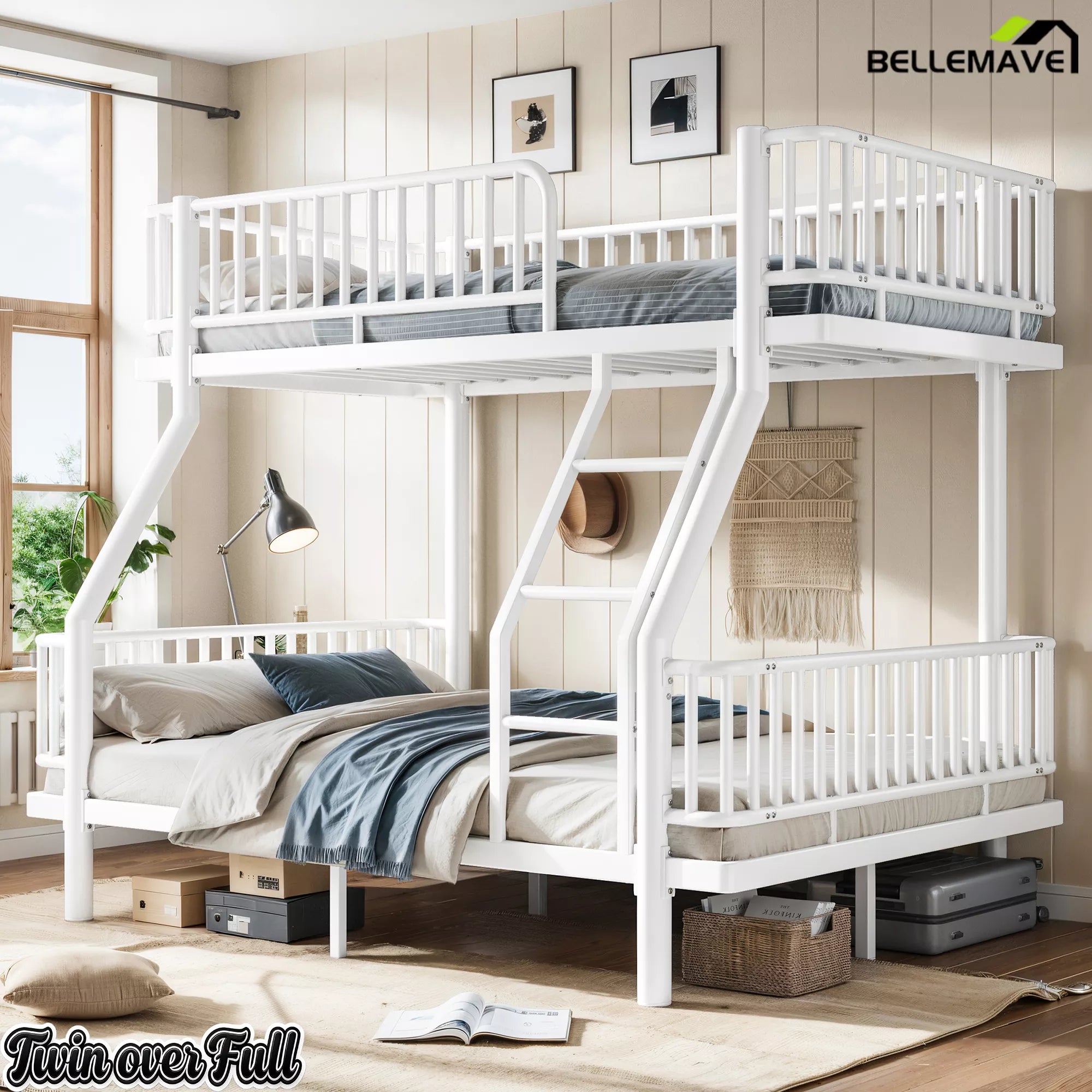 Twin Over Full White Bunk Bed with Guardrails