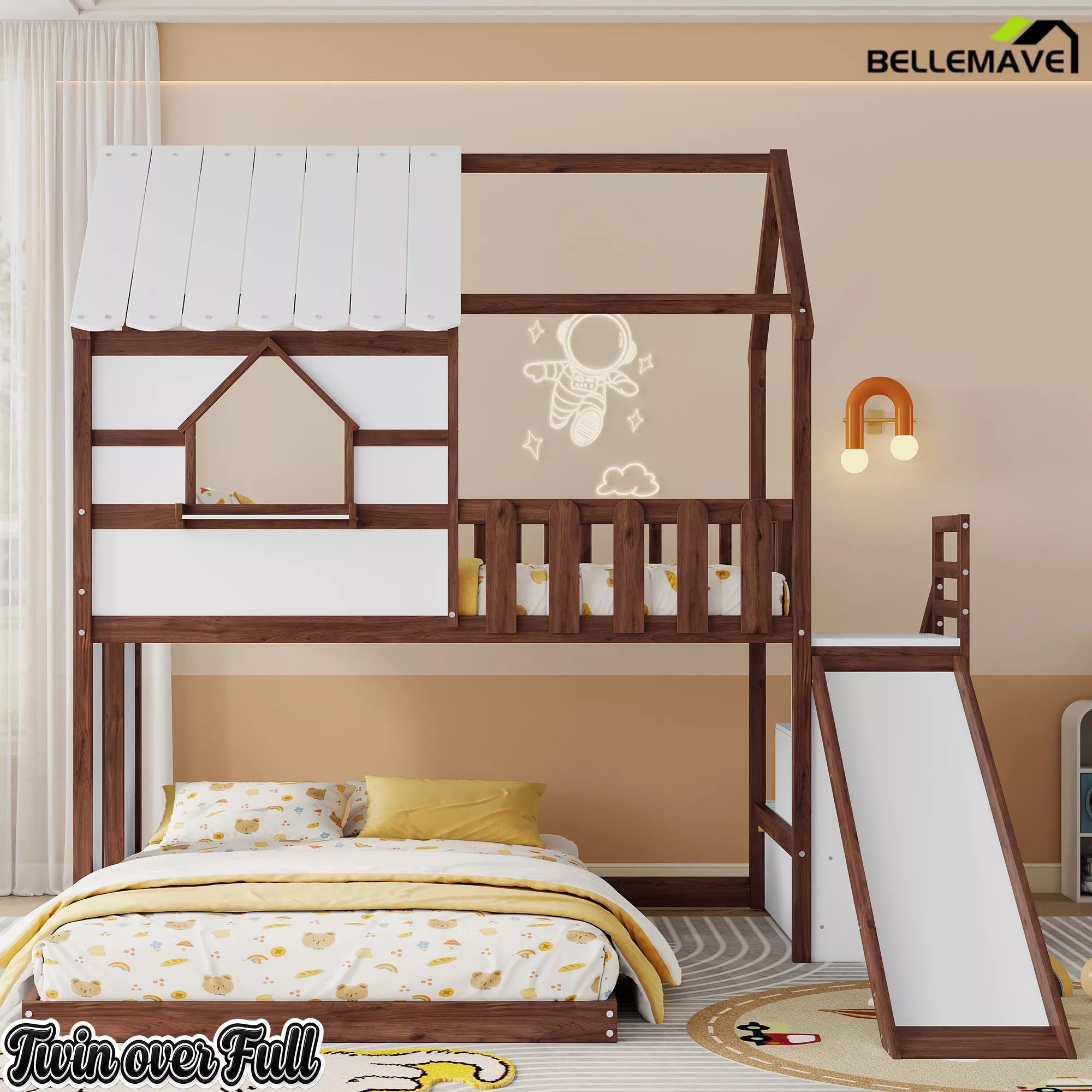 Twin over full house bunk bed with slide walnut and white finish