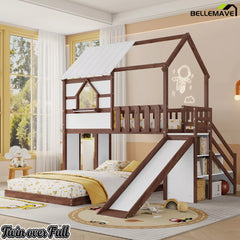 Wooden playhouse bunk bed with storage staircase and slide