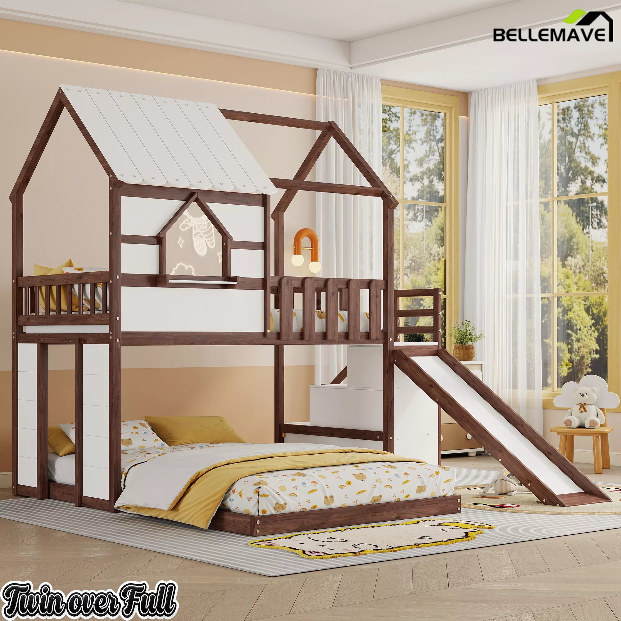 Twin over full kids house bed with roof design and slide