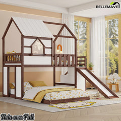 Twin over full kids house bed with roof design and slide