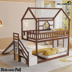 Wooden house bunk bed with storage staircase for kids
