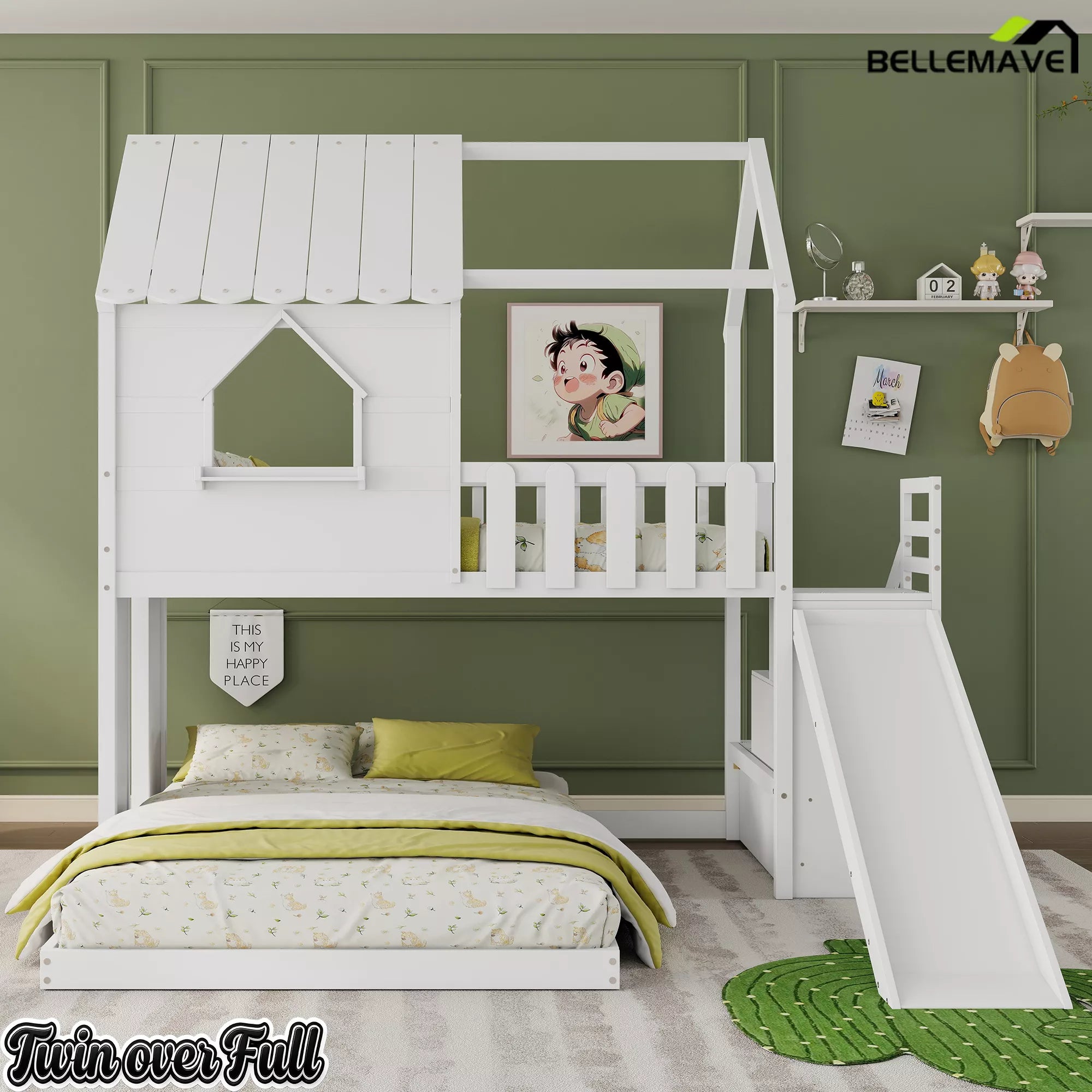 White twin over full house bunk bed with staircase