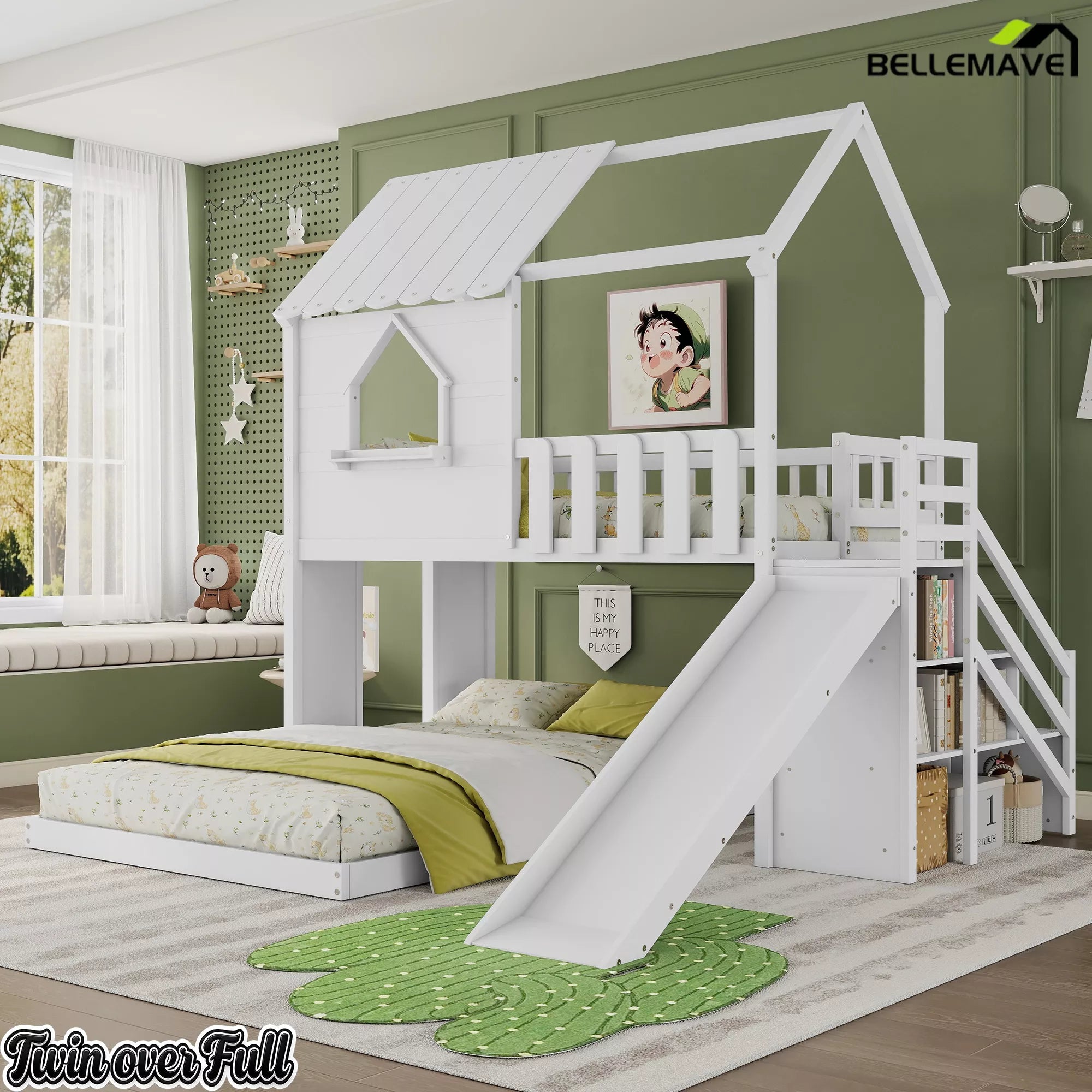 White playhouse bunk bed with slide for kids