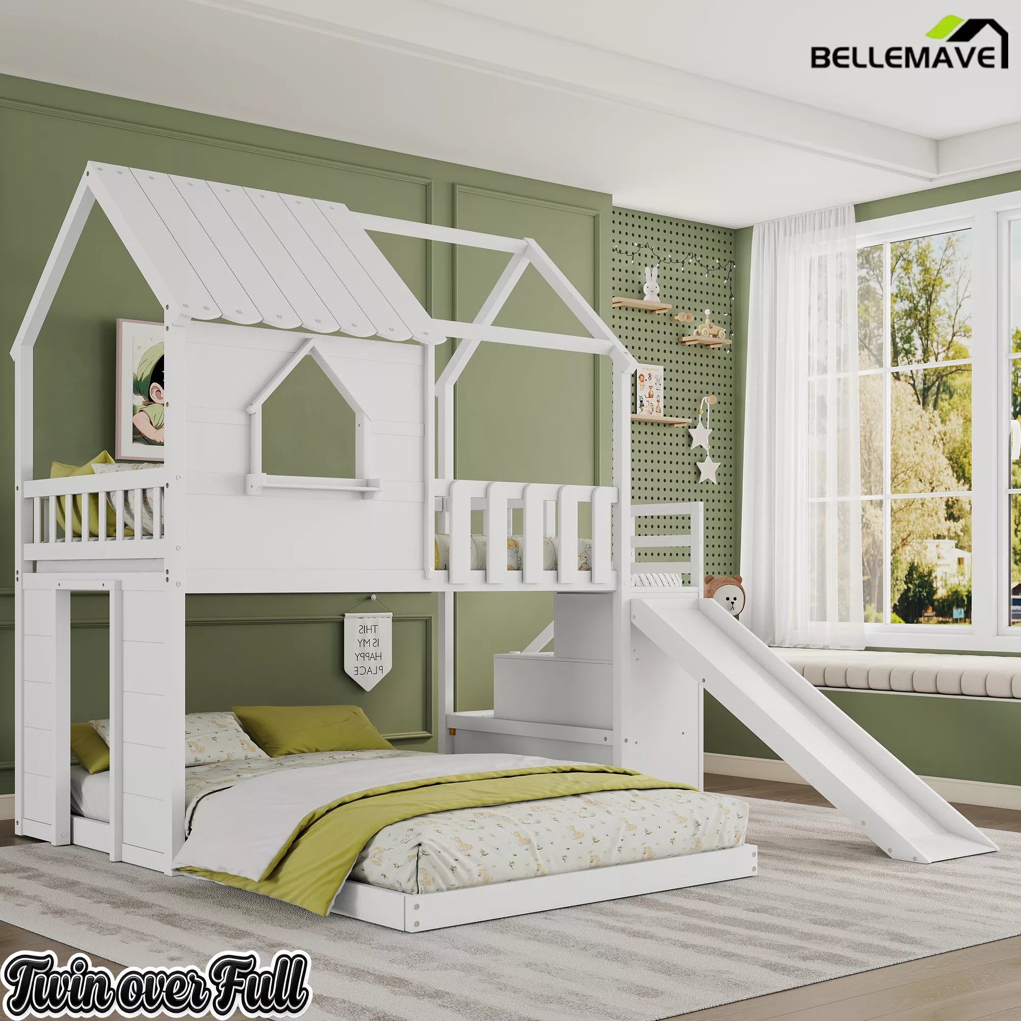Twin over full wooden house bed with guardrails