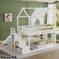 White kids bunk bed with slide and storage staircase