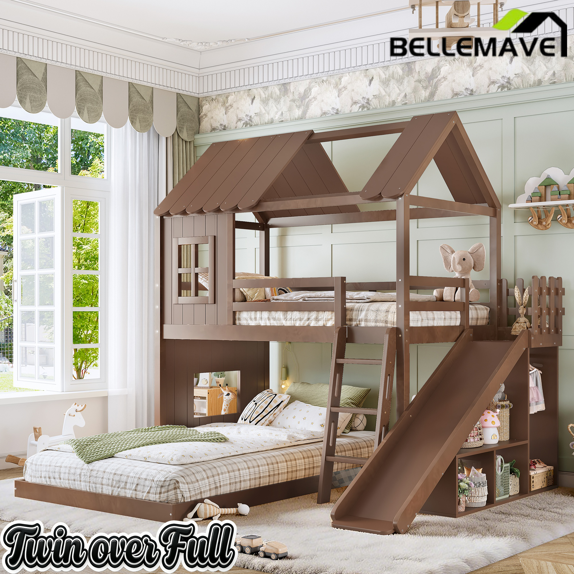 Bellemave® Bunk bed Twin Over Full with Slide,Ladders,Bookshelf & Wardrobe, House roof Design, Low bunk/loft Bed for Kids Bellemave®