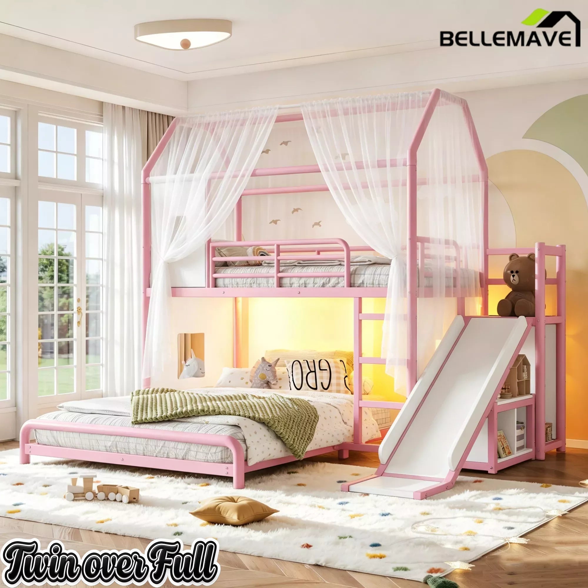 Bellemave® Twin over Full Bunk Bed for Small Room - Metal House Shaped Playhouse with Slide, LED Lights & Privacy Curtain, Kids Space-Saving Storage Bed Bellemave®