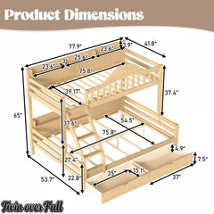 Solid wood bunk bed product dimension diagram in inches, twin over full bed with storage drawers and shelves