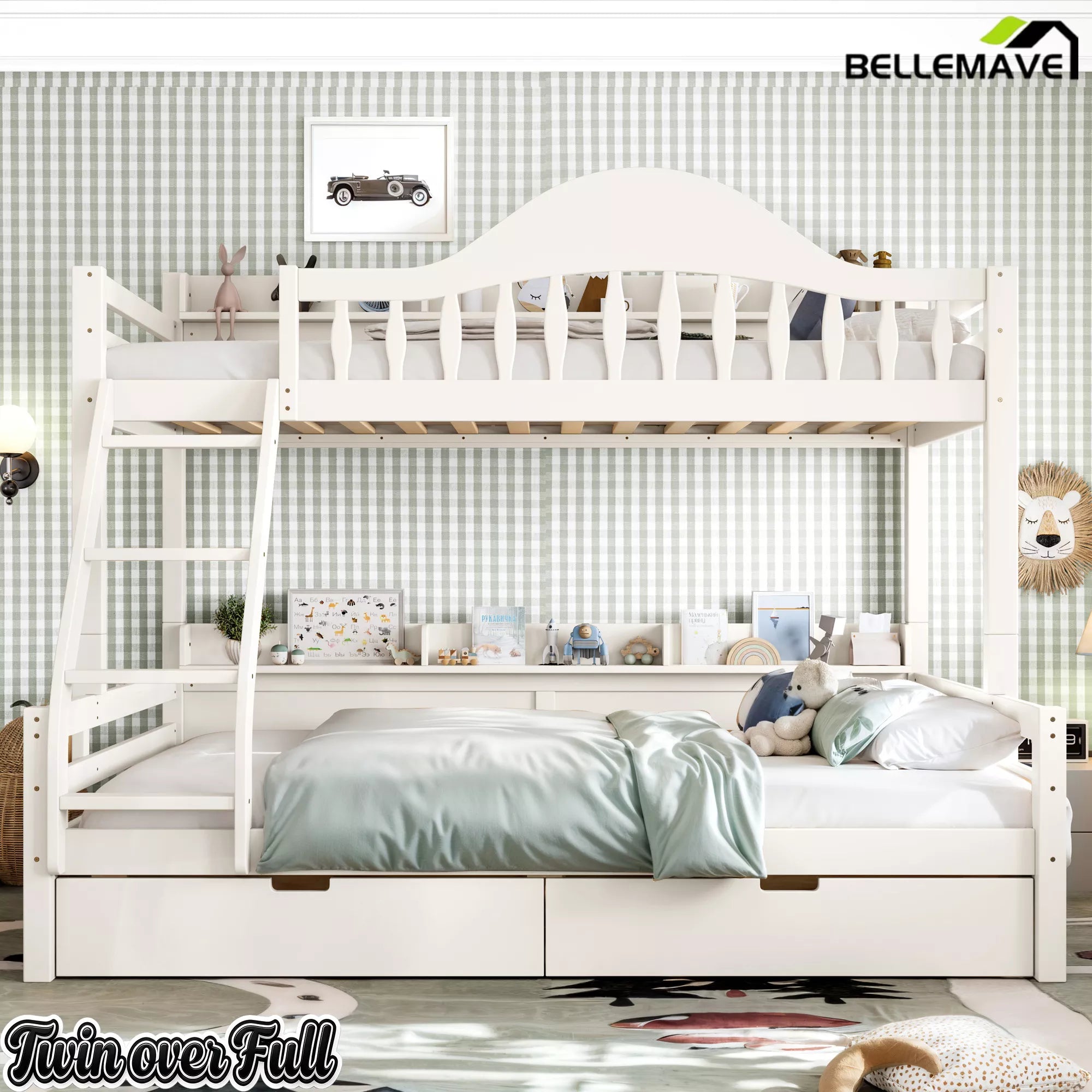White solid wood bunk bed for kids & teens with storage shelves and rolling drawers