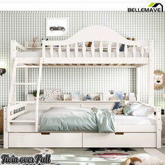White solid wood bunk bed for kids & teens with storage shelves and rolling drawers