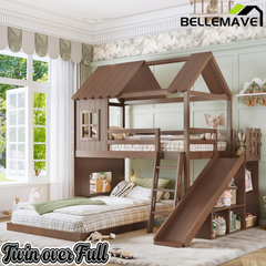 Bellemave® Bunk bed Twin Over Full with Slide,Ladders,Bookshelf & Wardrobe, House roof Design, Low bunk/loft Bed for Kids Bellemave®