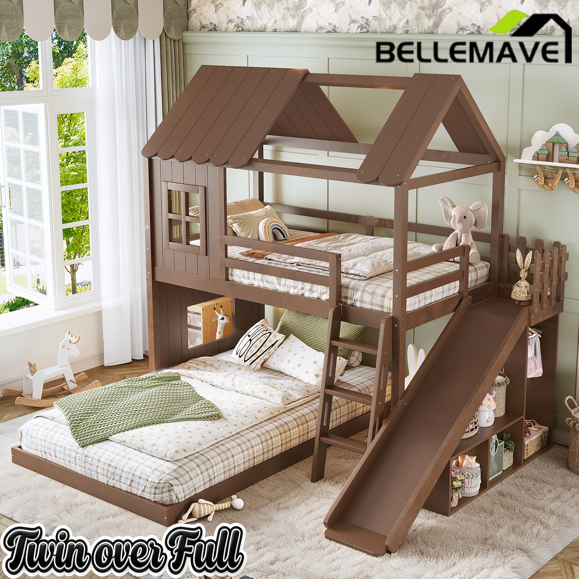 Bellemave® Bunk bed Twin Over Full with Slide,Ladders,Bookshelf & Wardrobe, House roof Design, Low bunk/loft Bed for Kids Bellemave®