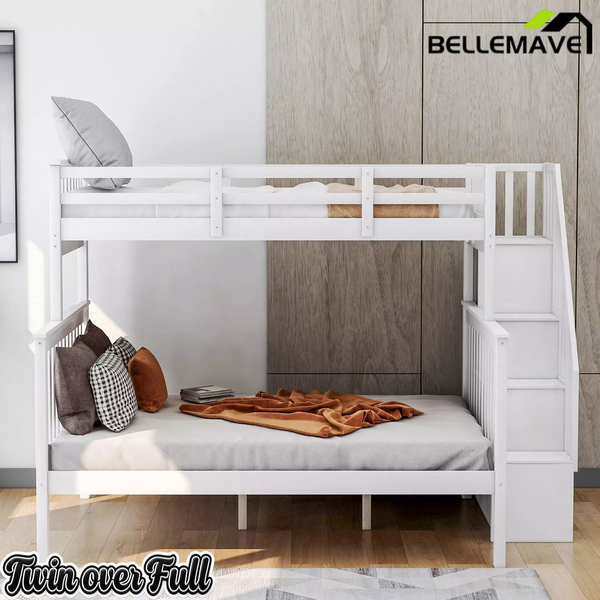 Bellemave® Twin Over Full Bunk Bed with Storage Stairs & Guardrail, Wooden Bunk Bed Frame with Storage Shelves for Kids, Teens & Adults Bellemave®