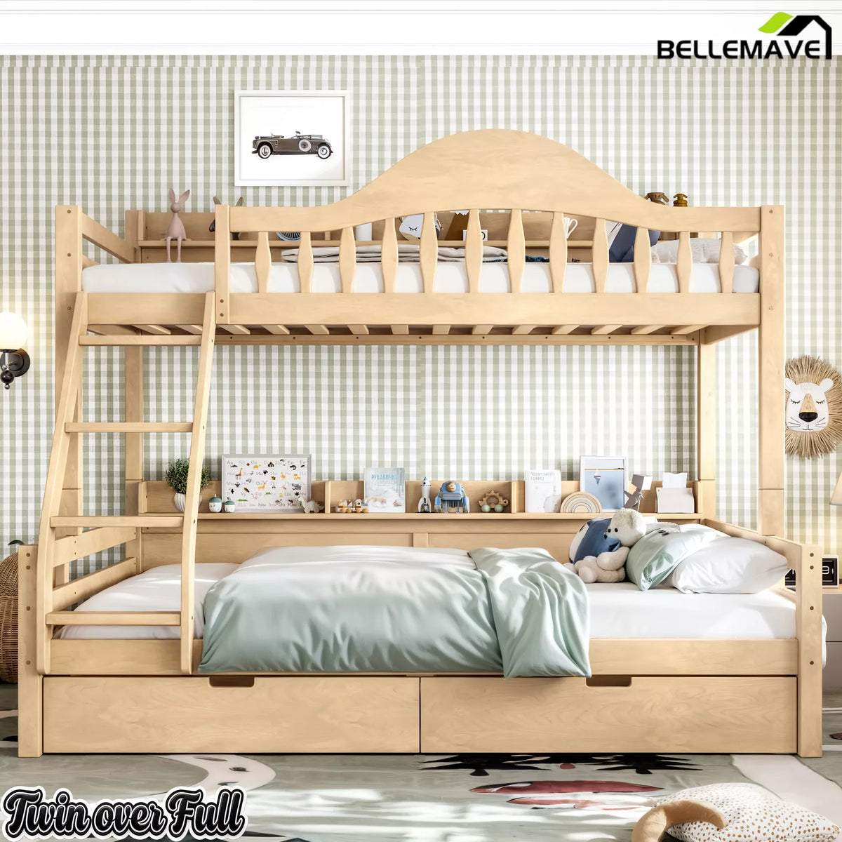 Natural solid wood bunk bed with built‑in shelves and under‑bed drawers for kids bedroom